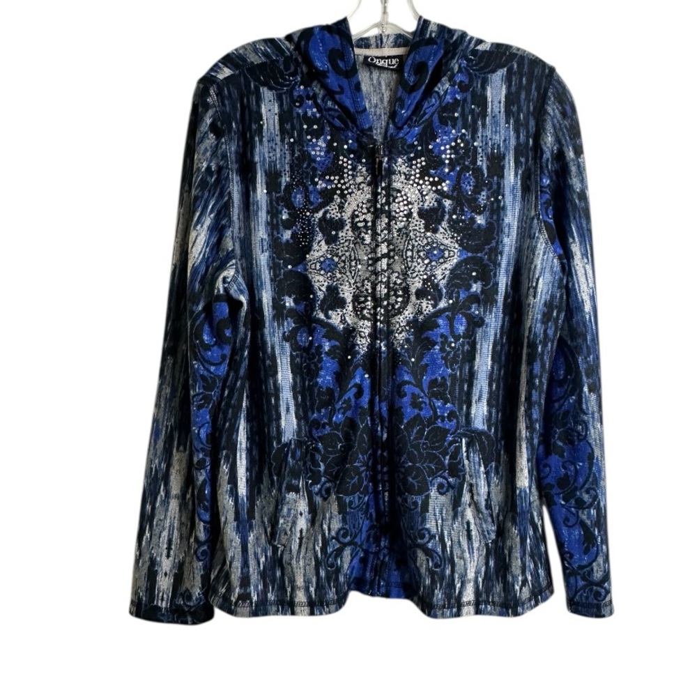 Ongue Casual Hoodie ZipUp Blue Abstract Rhinestone Embellished Lightweight SizeL
